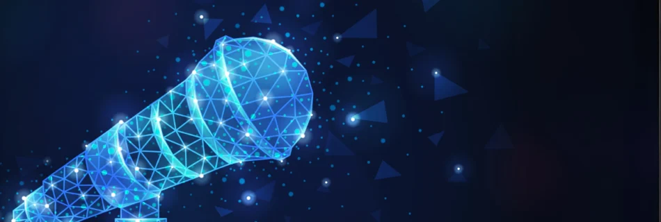 Polygonal wireframe composition with glittering image of professional vocal microphone on stand