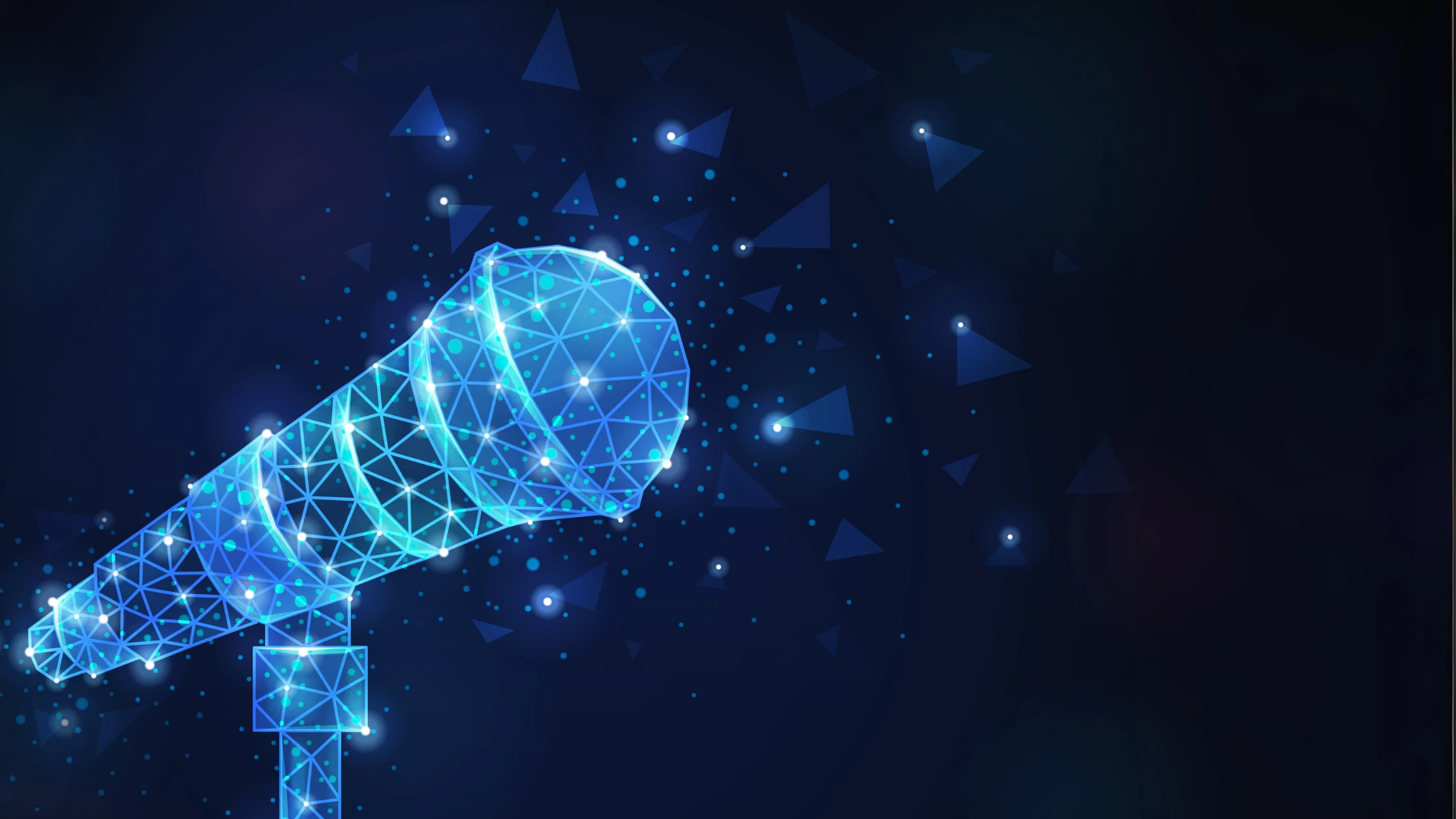 Polygonal wireframe composition with glittering image of professional vocal microphone on stand